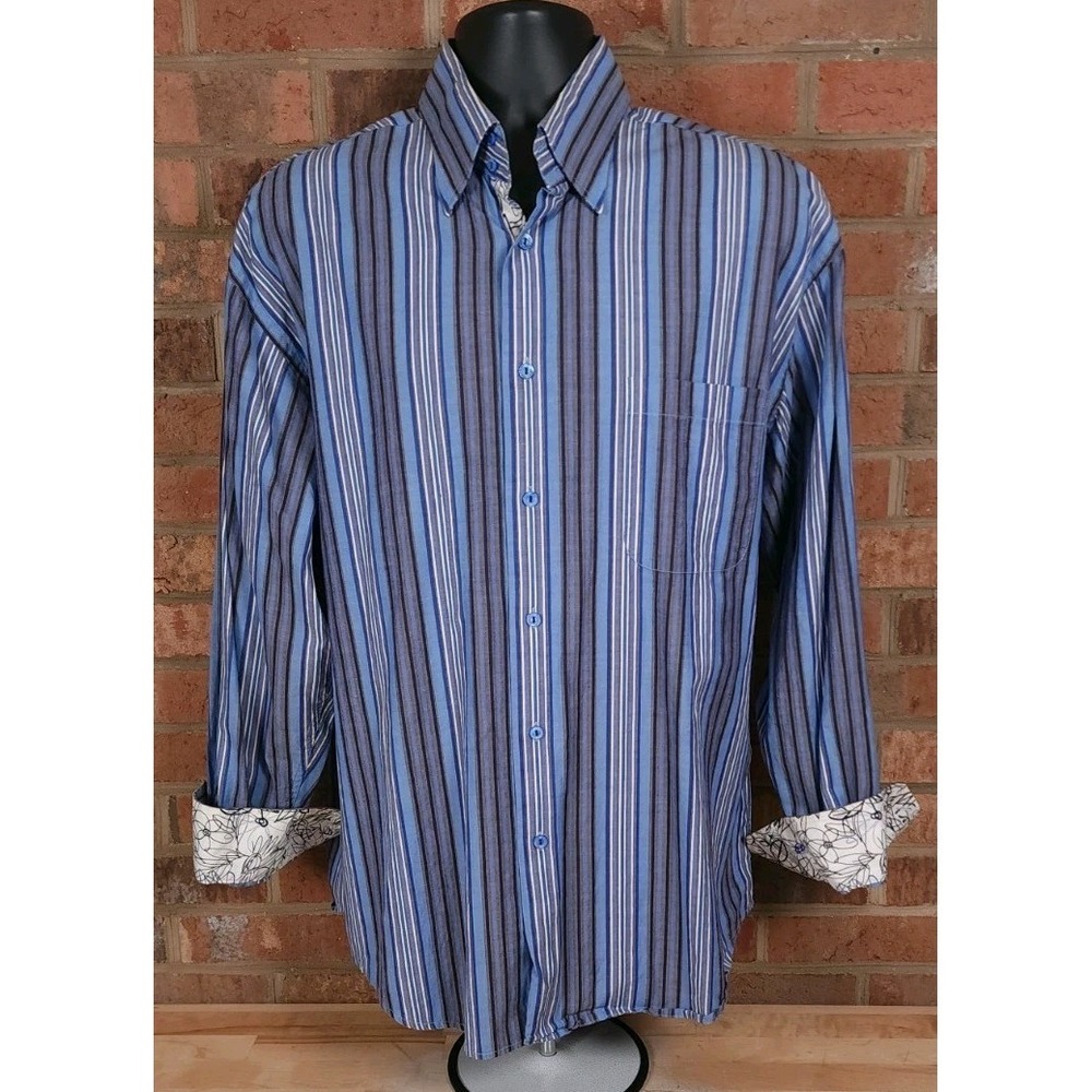 Bugatchi Uomo Shirt Mens Size Large Blue Stripe Button Down Flip Cuff